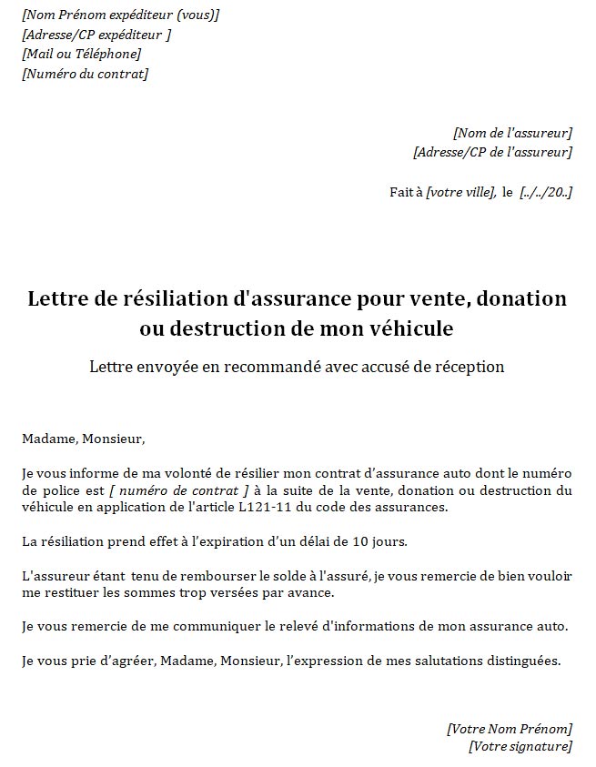 Lettre De Résiliation Assurance Auto Pour Cession