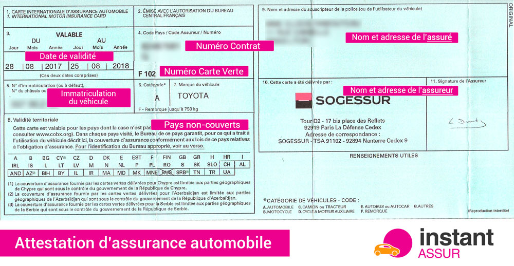 attestation d'assurance auto (carte verte)